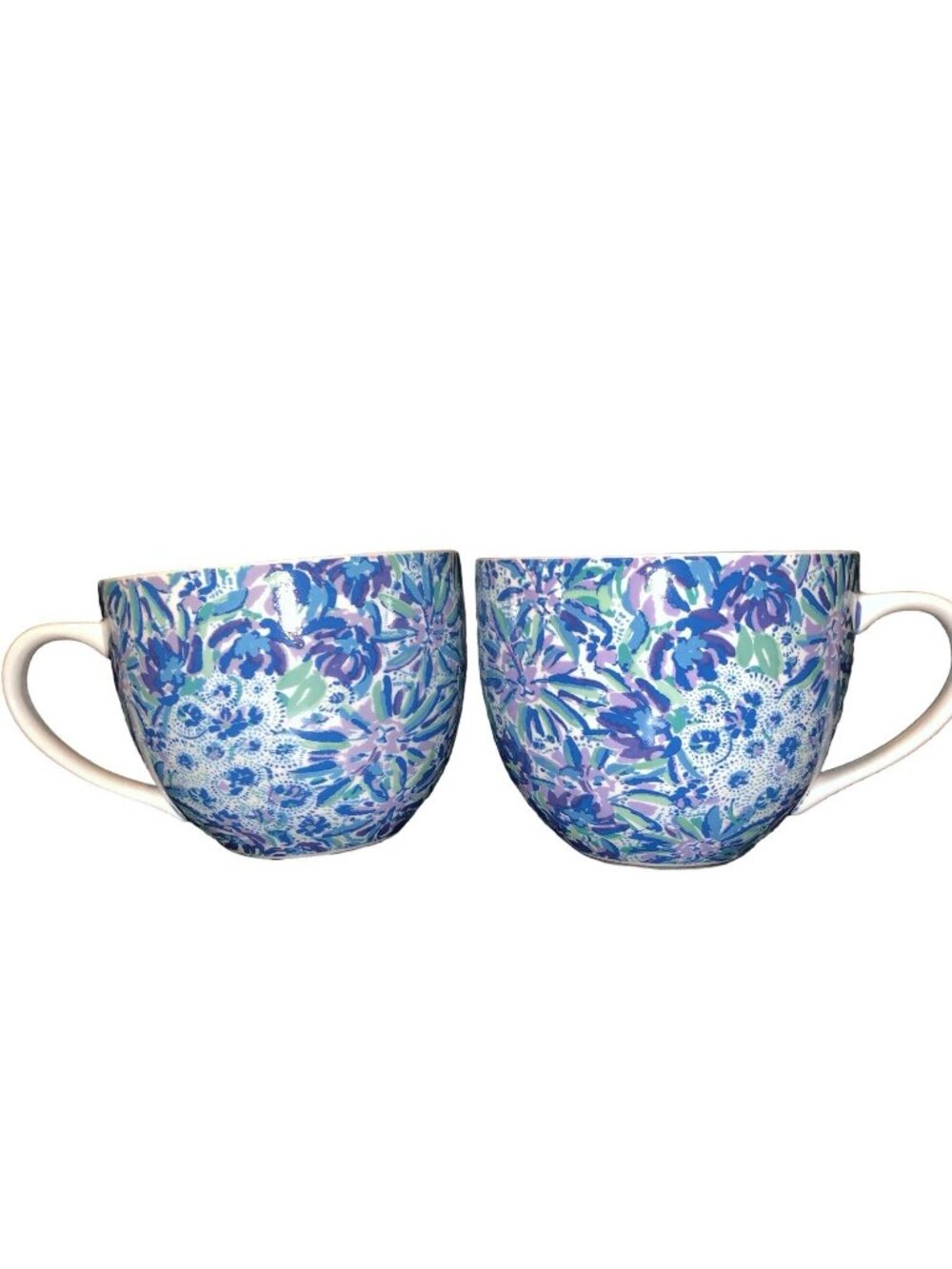Lilly Pulitzer Hidden Cat Floral Set of 2 Coffee Mug Tea Cups Blue Purple Gold